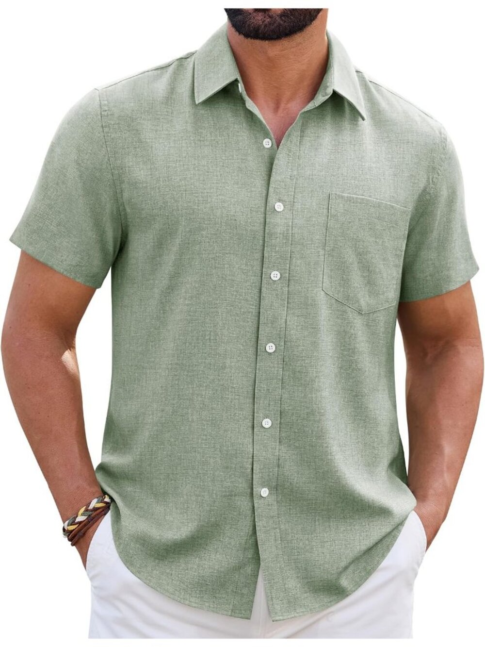 Men's Short Sleeve Linen Light Green Wrinkle Free Casual Beach Button Down Shirt